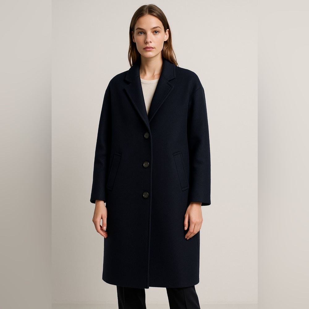Zara Navy Wool Blend Long Coat Women Small Oversized Minimalist $400